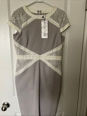 paper doll Gray & Ivory Lace Trim Midi Sheath Dress